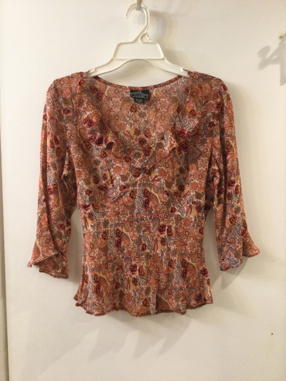 Angie Ruffled  V-Neck Rayon Blouse Paisley Roses Pattern S/M Orange Red Vintage
